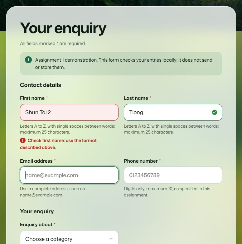 The enquiry form with an invalid first name highlighted and its error message shown